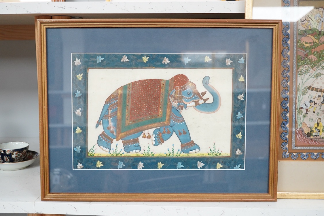 Persian School, Figures and animals before an encampment, gouache together with a pair of Indian School gouaches, Studies of elephants, 22 x 31cm